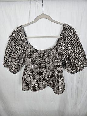 Smocked Square-Neck Peplum Blouse in Black & Cream